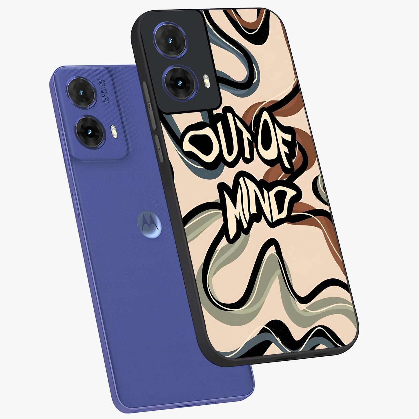 Out Of Mind Glass Case displayed in angled mockup highlighting bold statement design with modern artistic aesthetic.