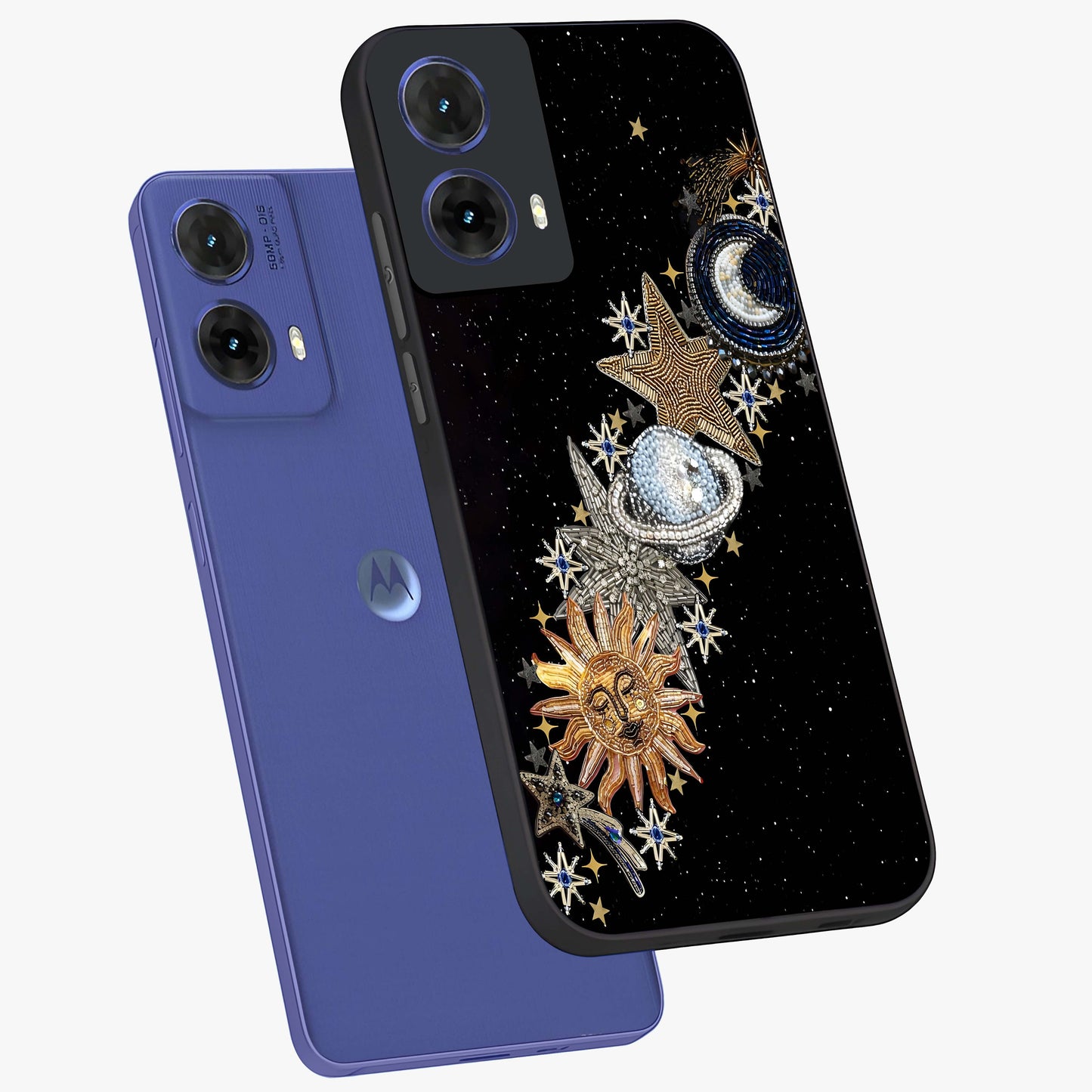 Pearls Universe Object Glass Case displayed in angled mockup highlighting celestial pearl design with dreamy aesthetic.
