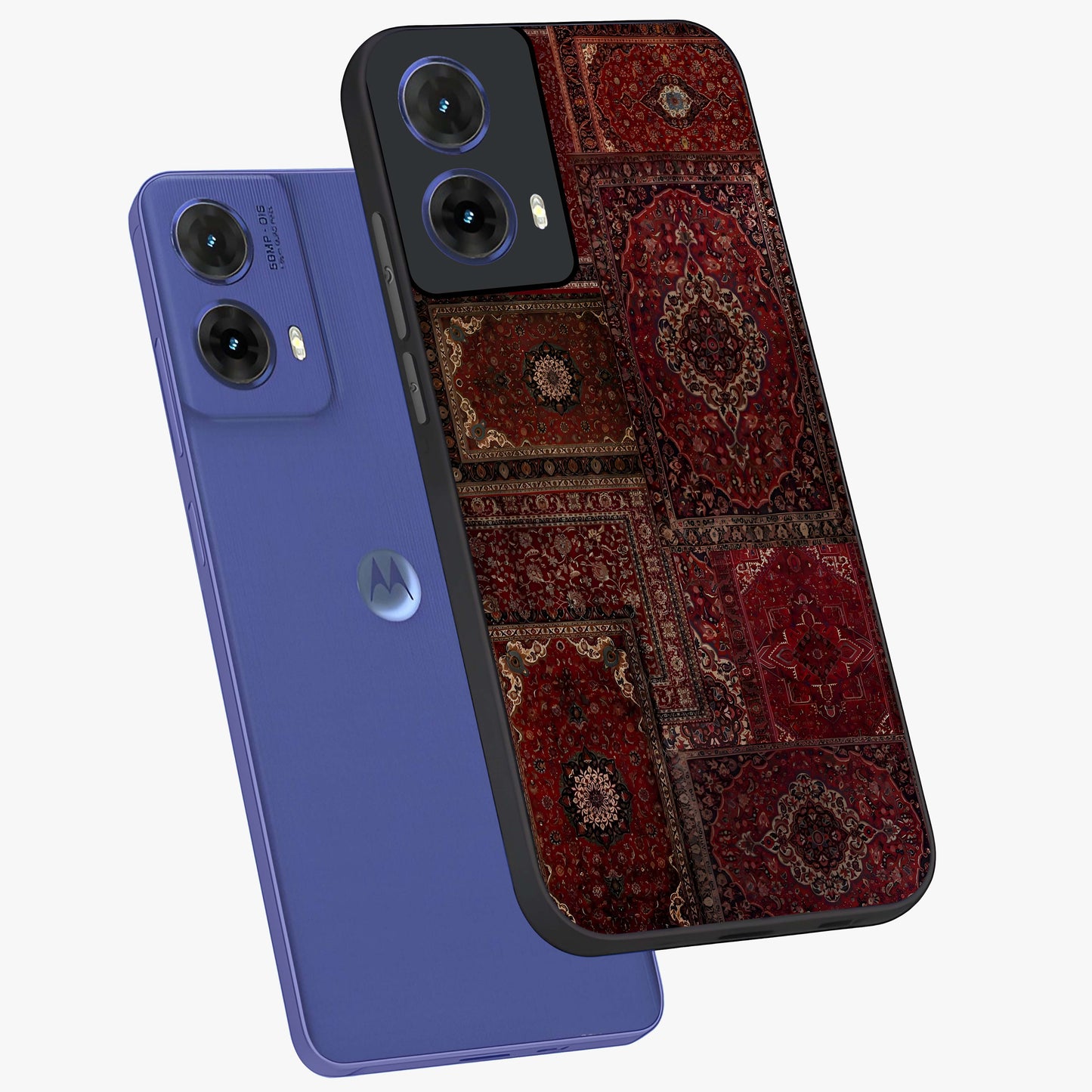 Persian Velvet Tale Glass Case displayed in angled mockup highlighting ornate textile inspired design with royal aesthetic.