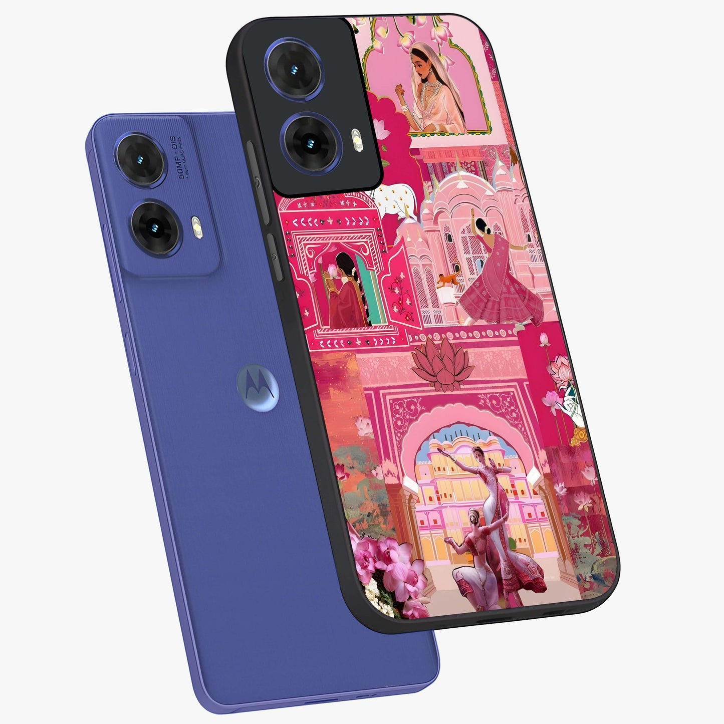 Pink Palace Muse Glass Case displayed in angled mockup highlighting dreamy palace illustration with soft pink aesthetic.