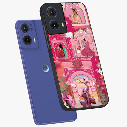 Pink Palace Muse Glass Case displayed in angled mockup highlighting dreamy palace illustration with soft pink aesthetic.