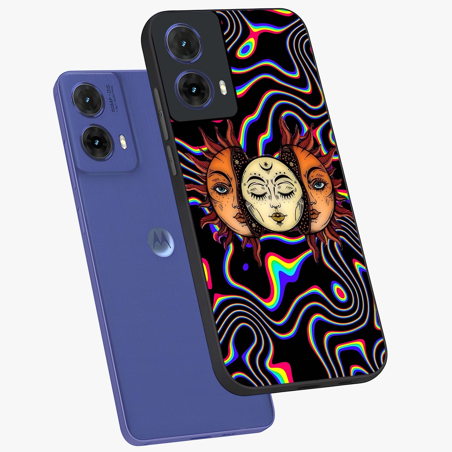 Psychedelic Sun Glass Case displayed in angled mockup highlighting vibrant abstract sun design with artistic aesthetic style.