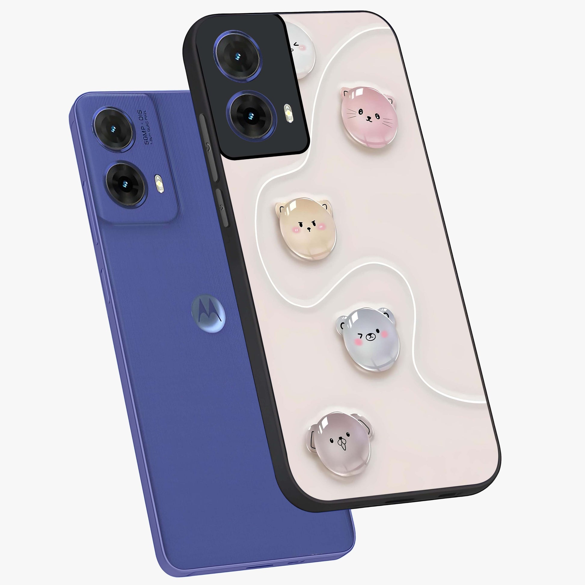 Puffy Face Parade Glass Case displayed in angled mockup highlighting playful cartoon face design with fun aesthetic.