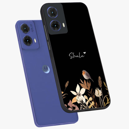 Quiet Garden Tune Custom Name Glass Case displayed in angled mockup highlighting delicate floral garden design with custom name feature.