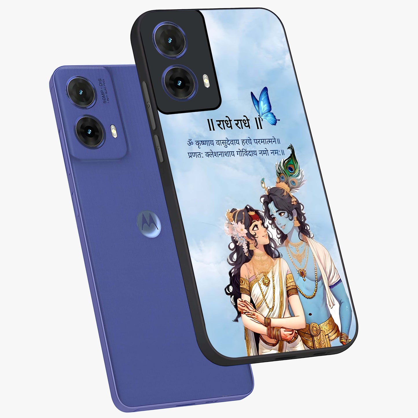 Radha Krishna Eternal Glass Case displayed in angled mockup highlighting divine Radha Krishna illustration with spiritual aesthetic.