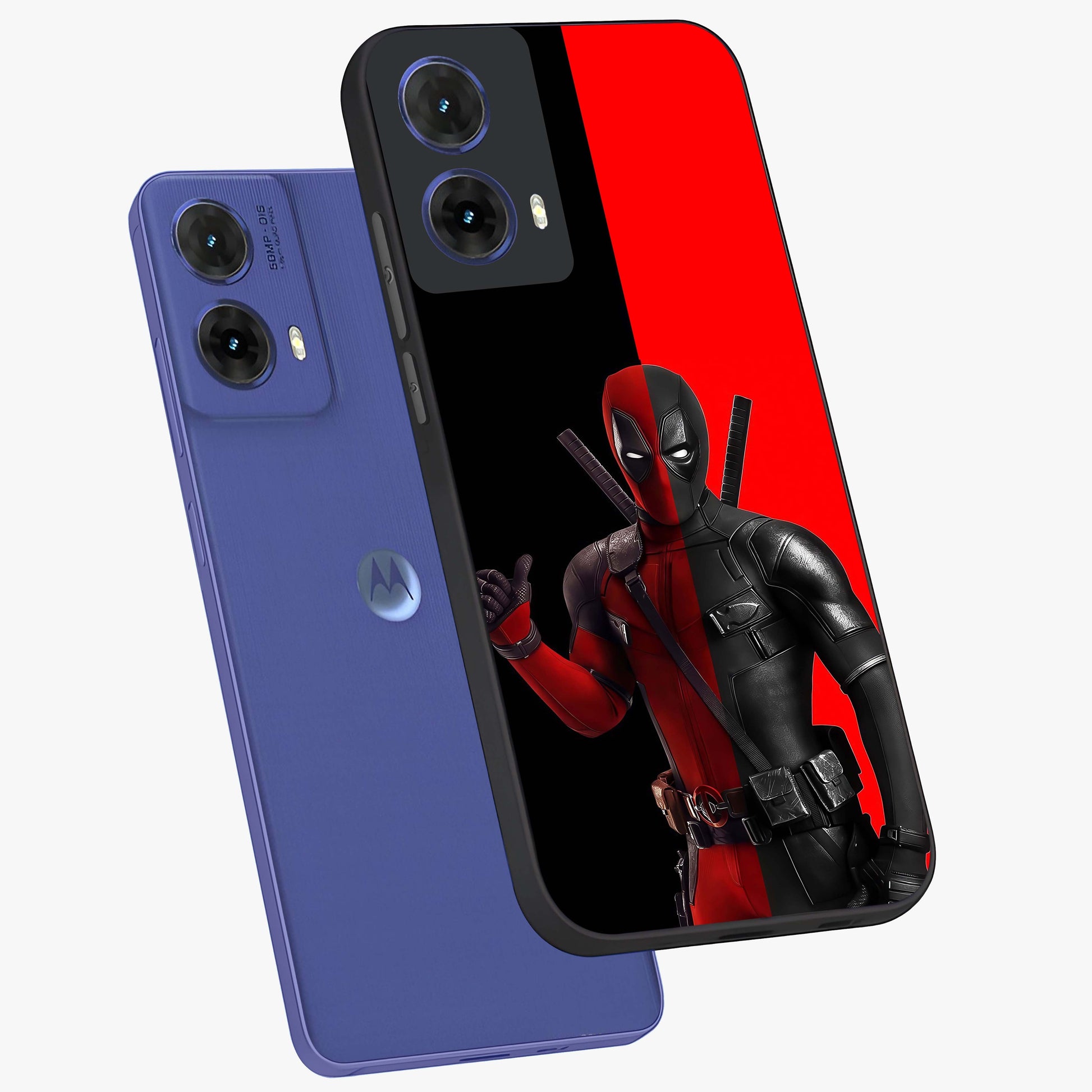 Red & Black Deadpool Theme Glass Case displayed in angled mockup highlighting vibrant superhero style illustration with action aesthetic.