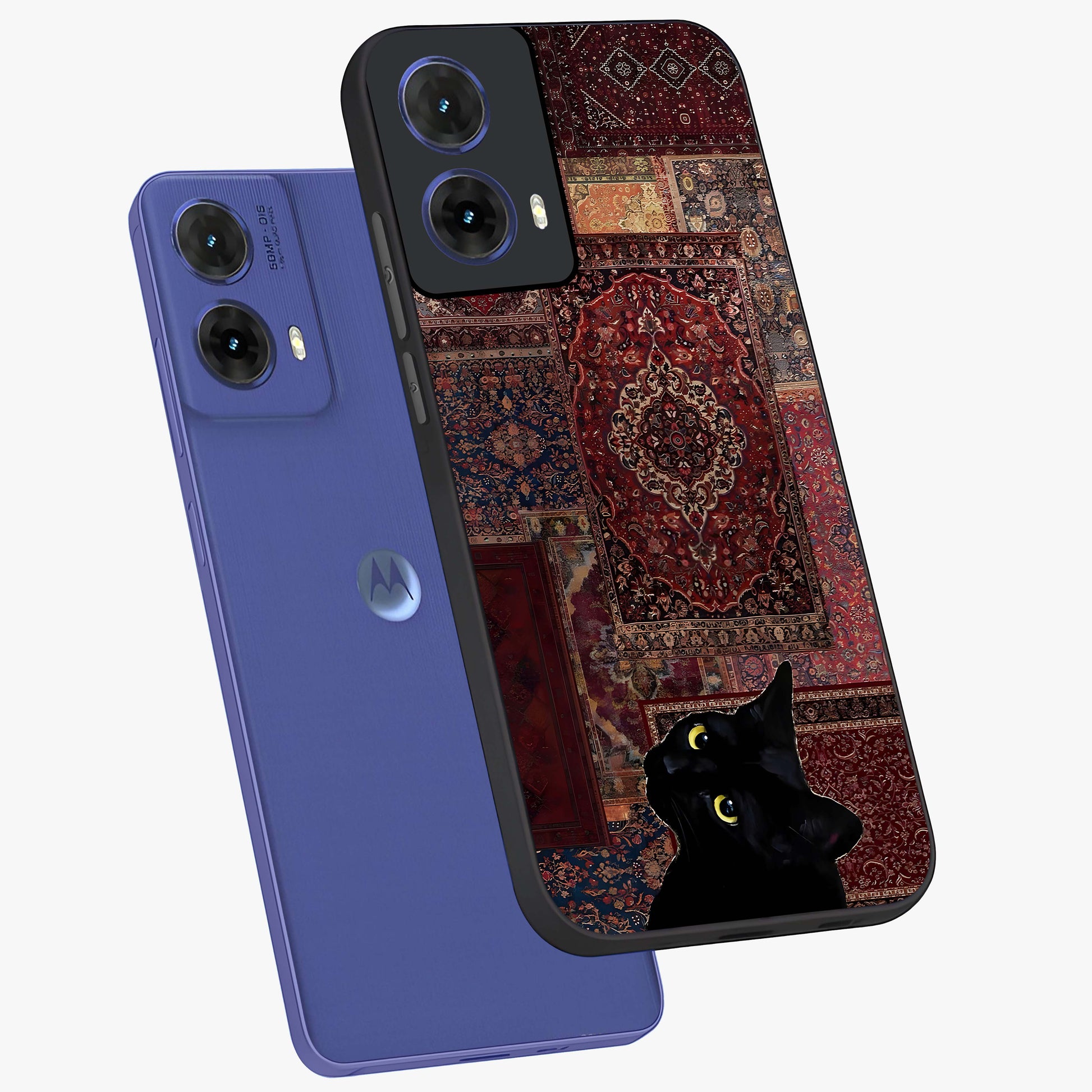 Regal Magic Cat Apple Glass Case displayed in angled mockup highlighting whimsical feline design with fantasy aesthetic.