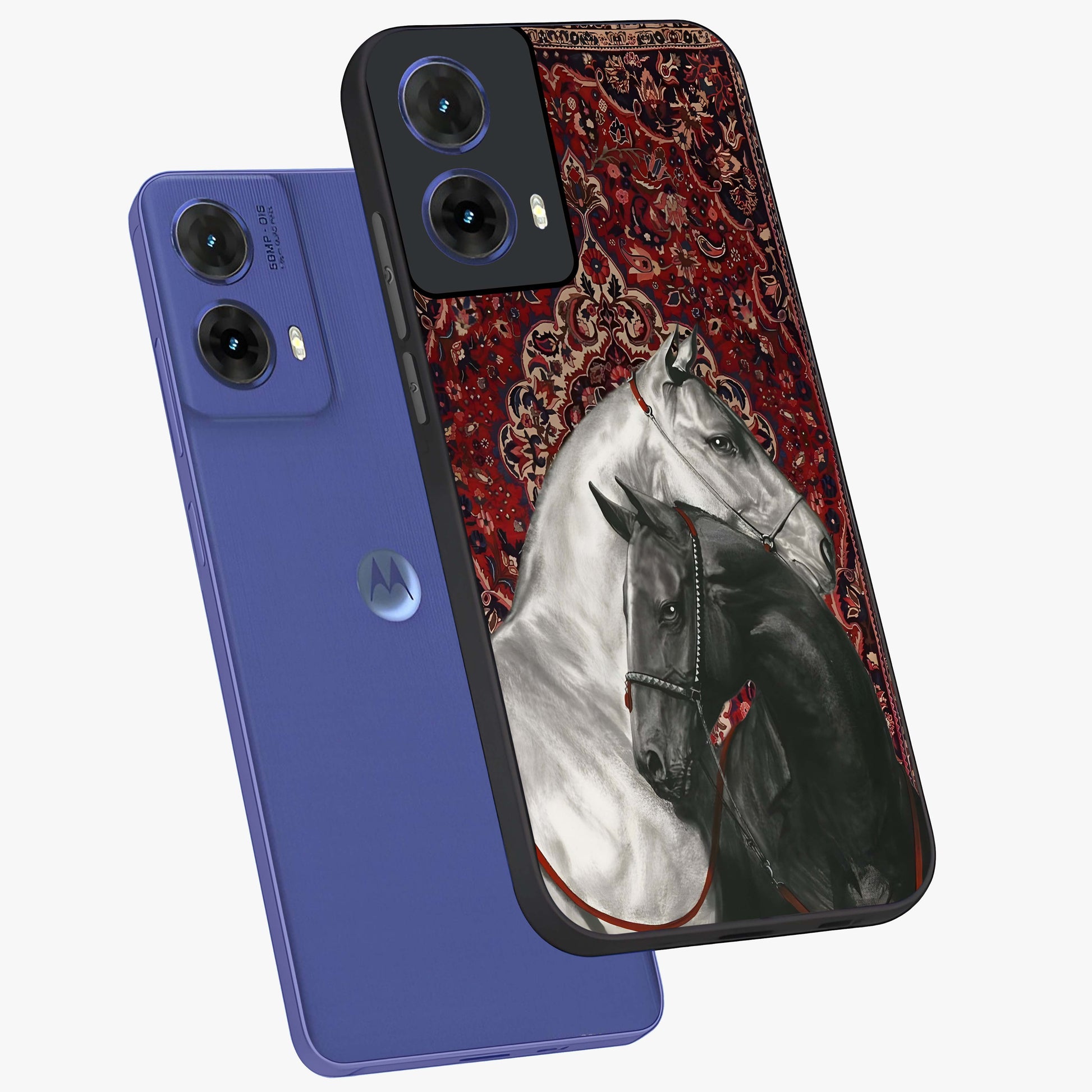 Regal Stallion Tapestry Glass Case displayed in angled mockup highlighting royal stallion design with decorative heritage aesthetic.