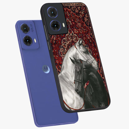Regal Stallion Tapestry Glass Case displayed in angled mockup highlighting royal stallion design with decorative heritage aesthetic.