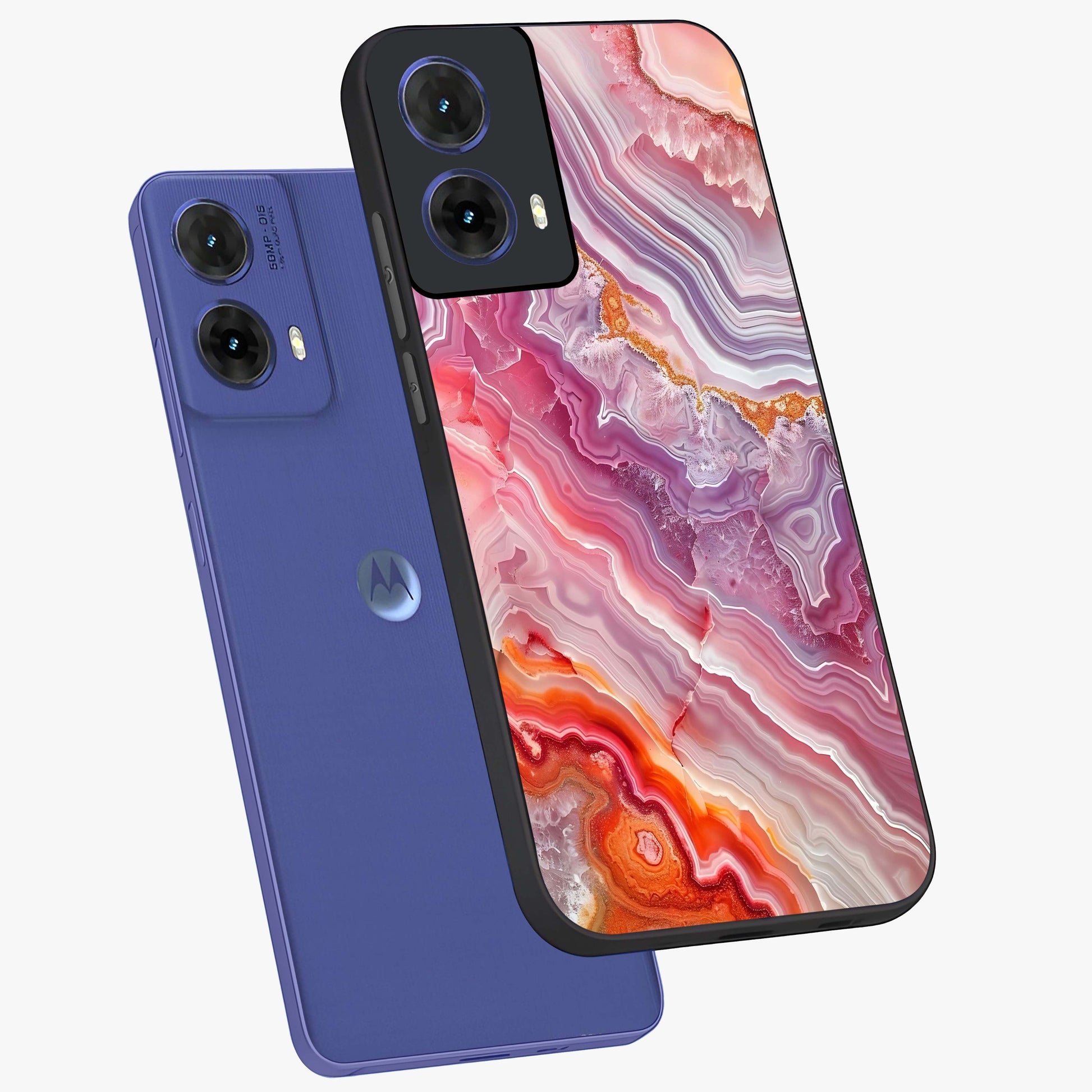 Rose Quartz Marble Glass Case displayed in angled mockup highlighting elegant marble pattern with soft aesthetic style.