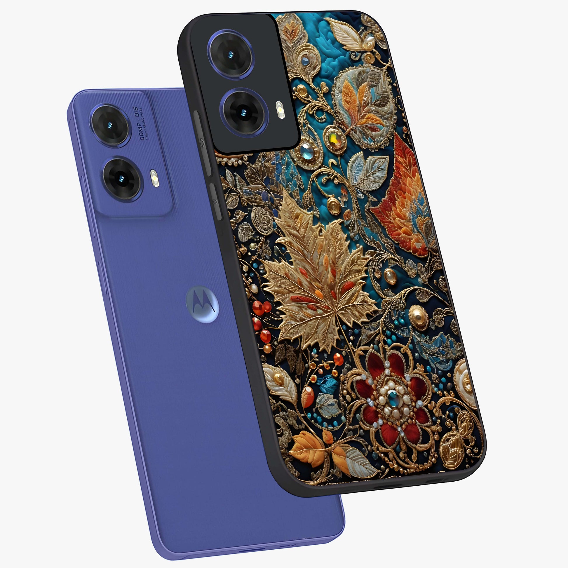 Royal Jewel Garden Glass Case displayed in angled mockup highlighting vibrant jewel inspired floral design with elegant aesthetic.