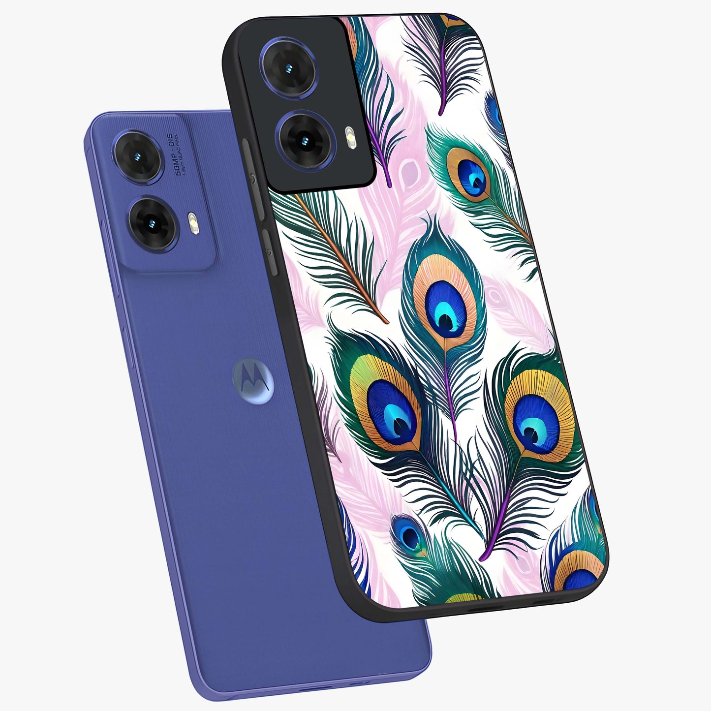 Royal Peacock Feathers Glass Case displayed in angled mockup highlighting vibrant feather pattern with regal aesthetic style.