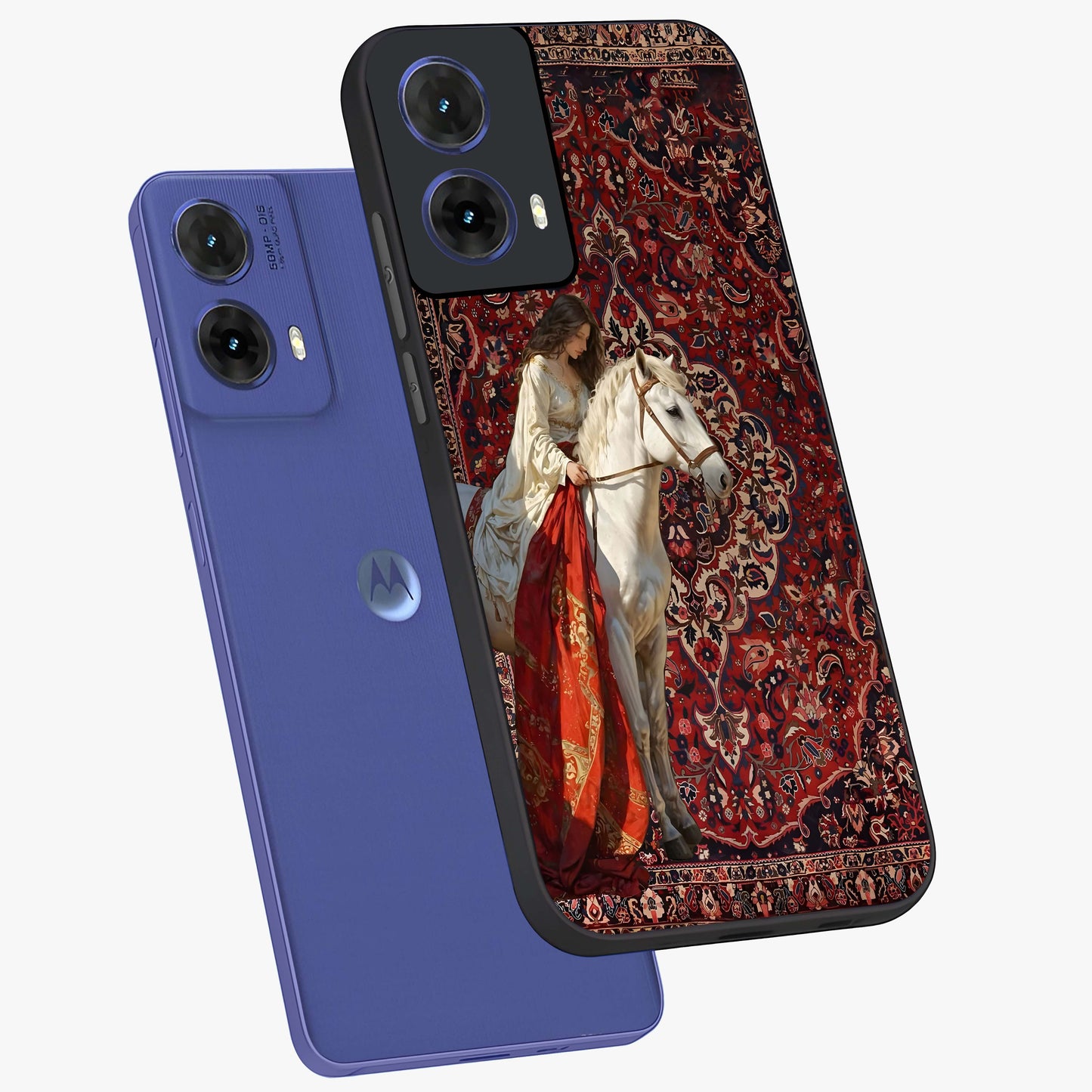 Royal Rider Tapestry Glass Case displayed in angled mockup highlighting traditional tapestry design with royal heritage aesthetic.