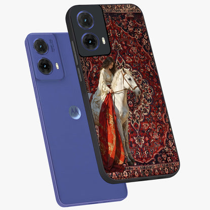 Royal Rider Tapestry Glass Case displayed in angled mockup highlighting traditional tapestry design with royal heritage aesthetic.