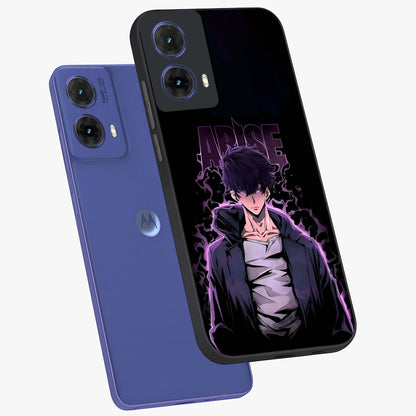Shadow Monarch Awakening Glass Case displayed in angled mockup highlighting dramatic shadow warrior design with fantasy aesthetic.