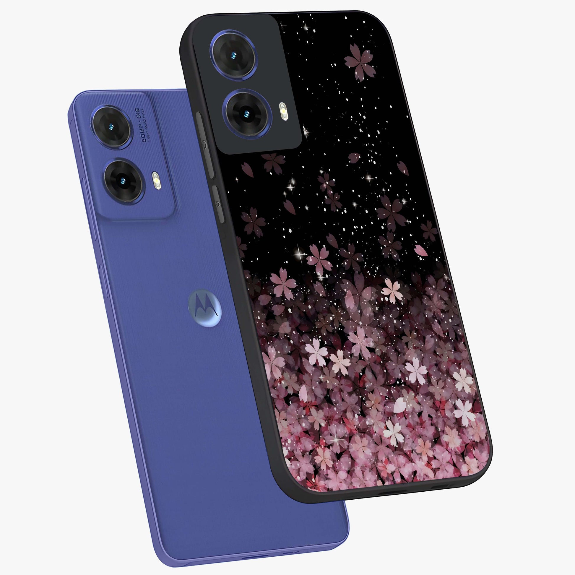 Small Starry Flowers Glass Case displayed in angled mockup highlighting tiny flower pattern with celestial aesthetic style.