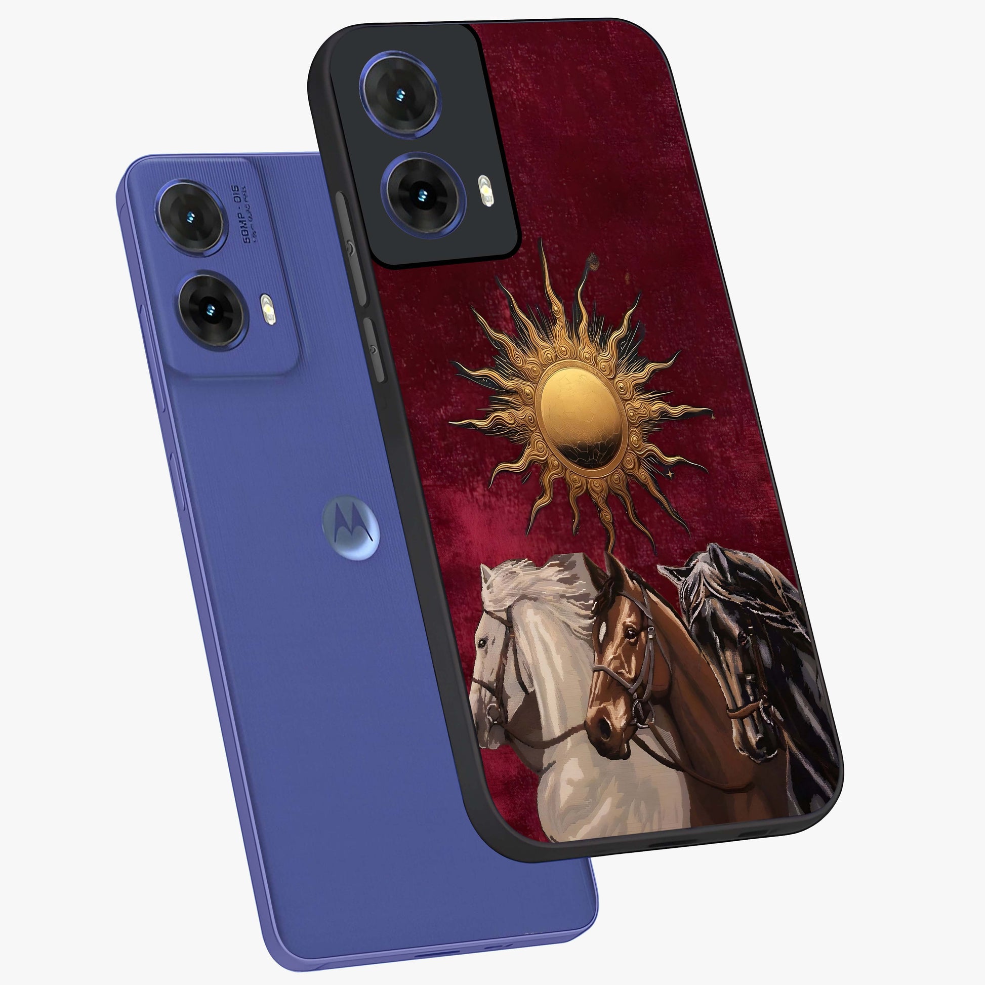 Solar Riders Glass Case displayed in angled mockup highlighting powerful rider illustration with radiant solar aesthetic.