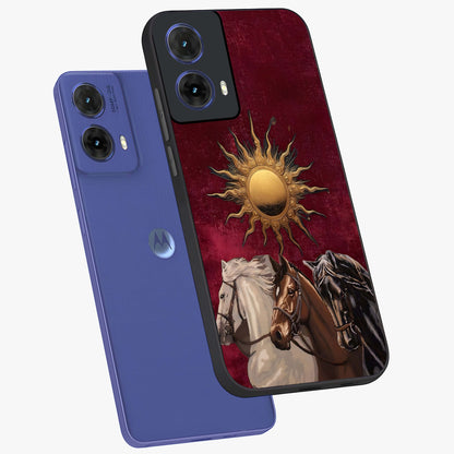 Solar Riders Glass Case displayed in angled mockup highlighting powerful rider illustration with radiant solar aesthetic.