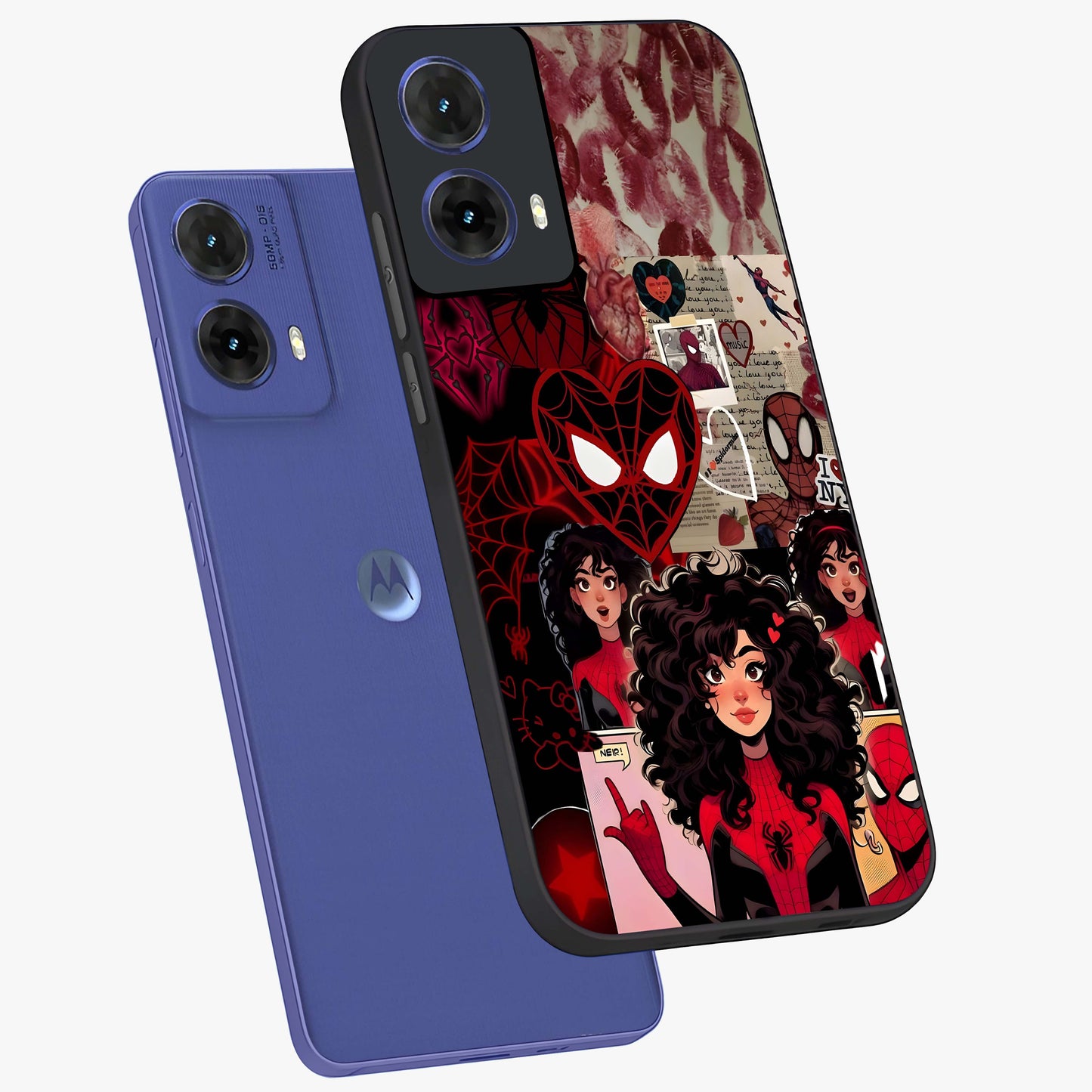 Spider Love Story Glass Case displayed in angled mockup highlighting expressive comic inspired design with playful aesthetic.