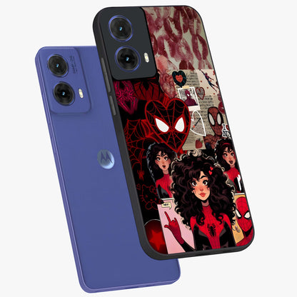 Spider Love Story Glass Case displayed in angled mockup highlighting expressive comic inspired design with playful aesthetic.