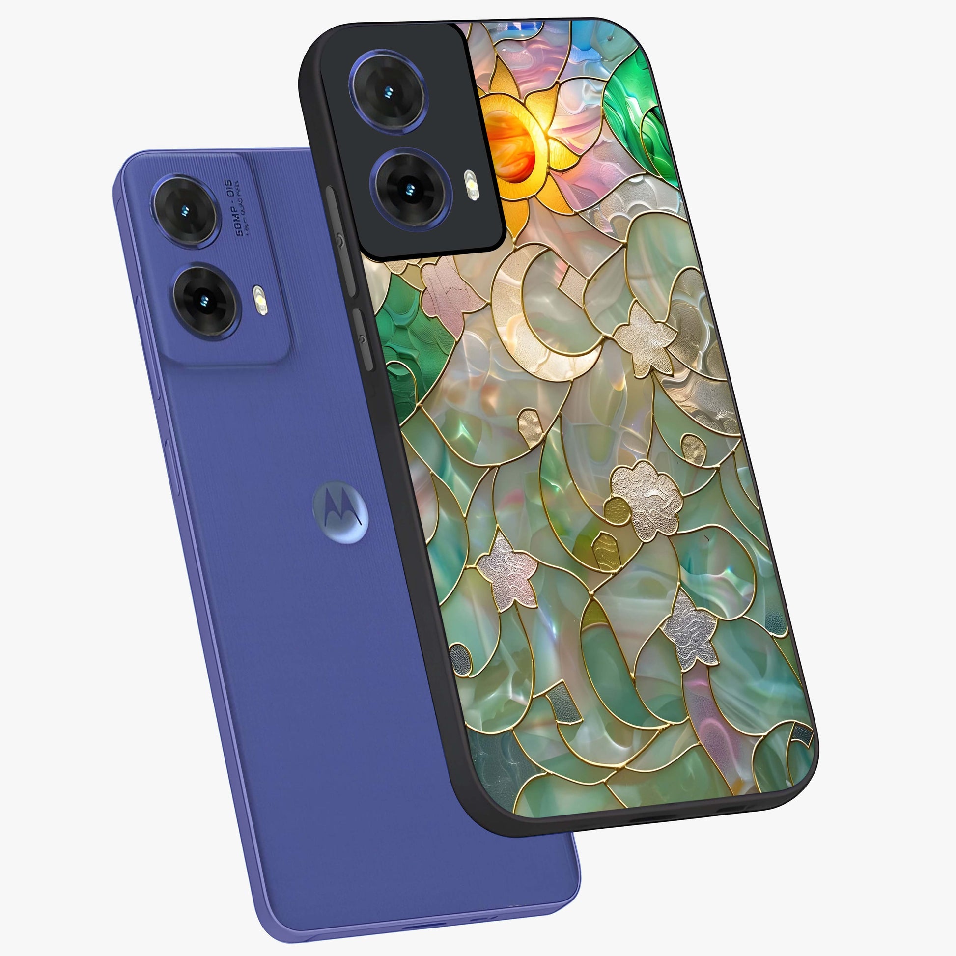 Stained Sunrise Glow Glass Case displayed in angled mockup highlighting radiant sunrise design with artistic aesthetic style.