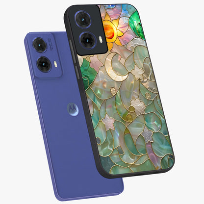 Stained Sunrise Glow Glass Case displayed in angled mockup highlighting radiant sunrise design with artistic aesthetic style.