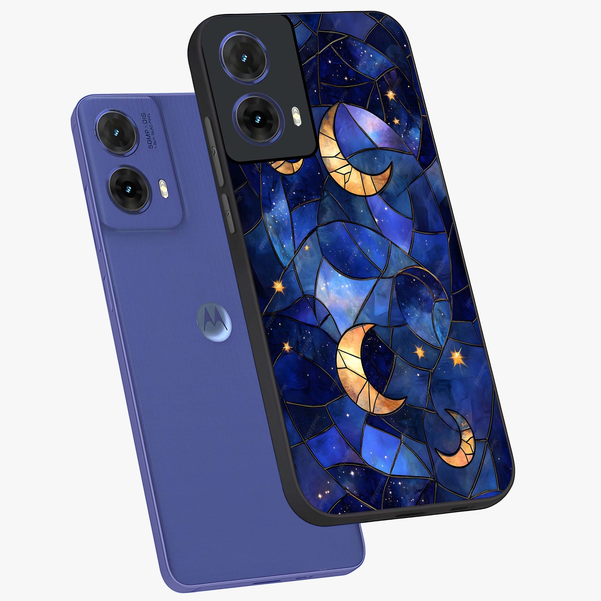 Starlit Sky Tapestry Glass Case displayed in angled mockup highlighting celestial night pattern with artistic aesthetic style.