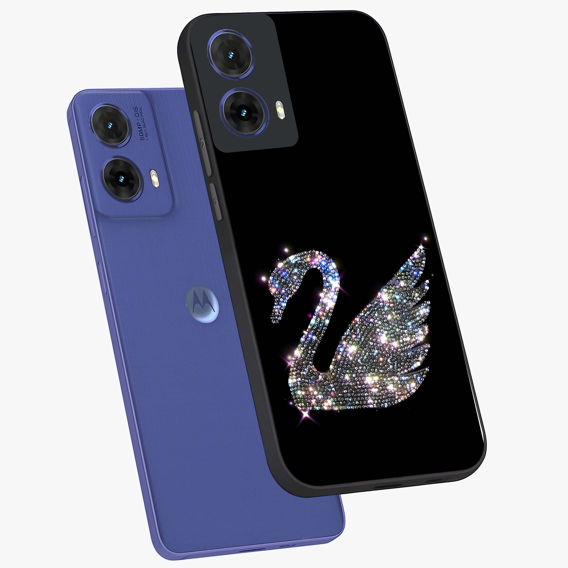 Starlit Swan Grace Glass Case displayed in angled mockup highlighting elegant swan illustration with dreamy celestial aesthetic.