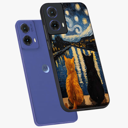 Starry River Cats Glass Case displayed in angled mockup highlighting charming feline illustration with dreamy night aesthetic.