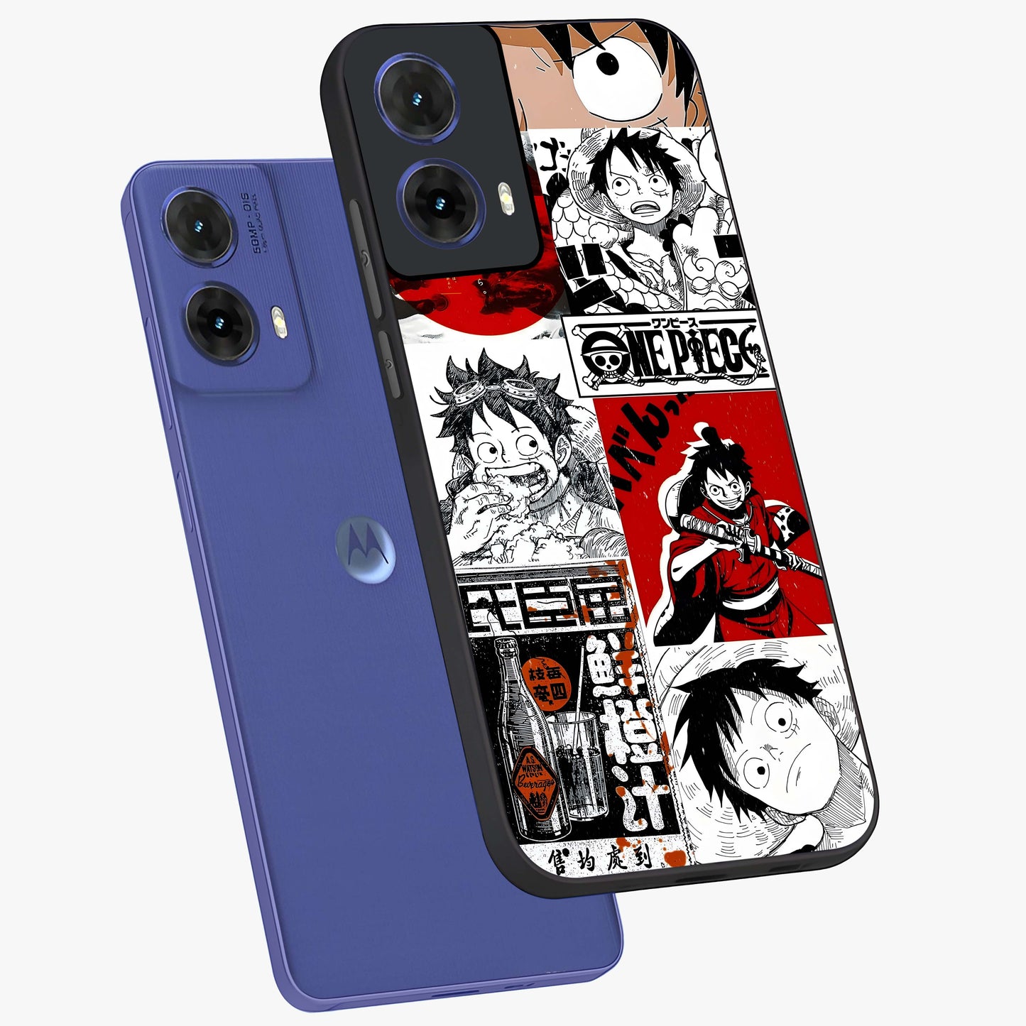 Strawhat Chaos Panels Glass Case displayed in angled mockup highlighting vibrant anime collage design with action aesthetic.