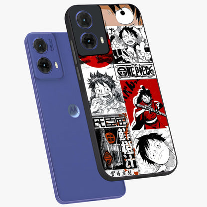 Strawhat Chaos Panels Glass Case displayed in angled mockup highlighting vibrant anime collage design with action aesthetic.