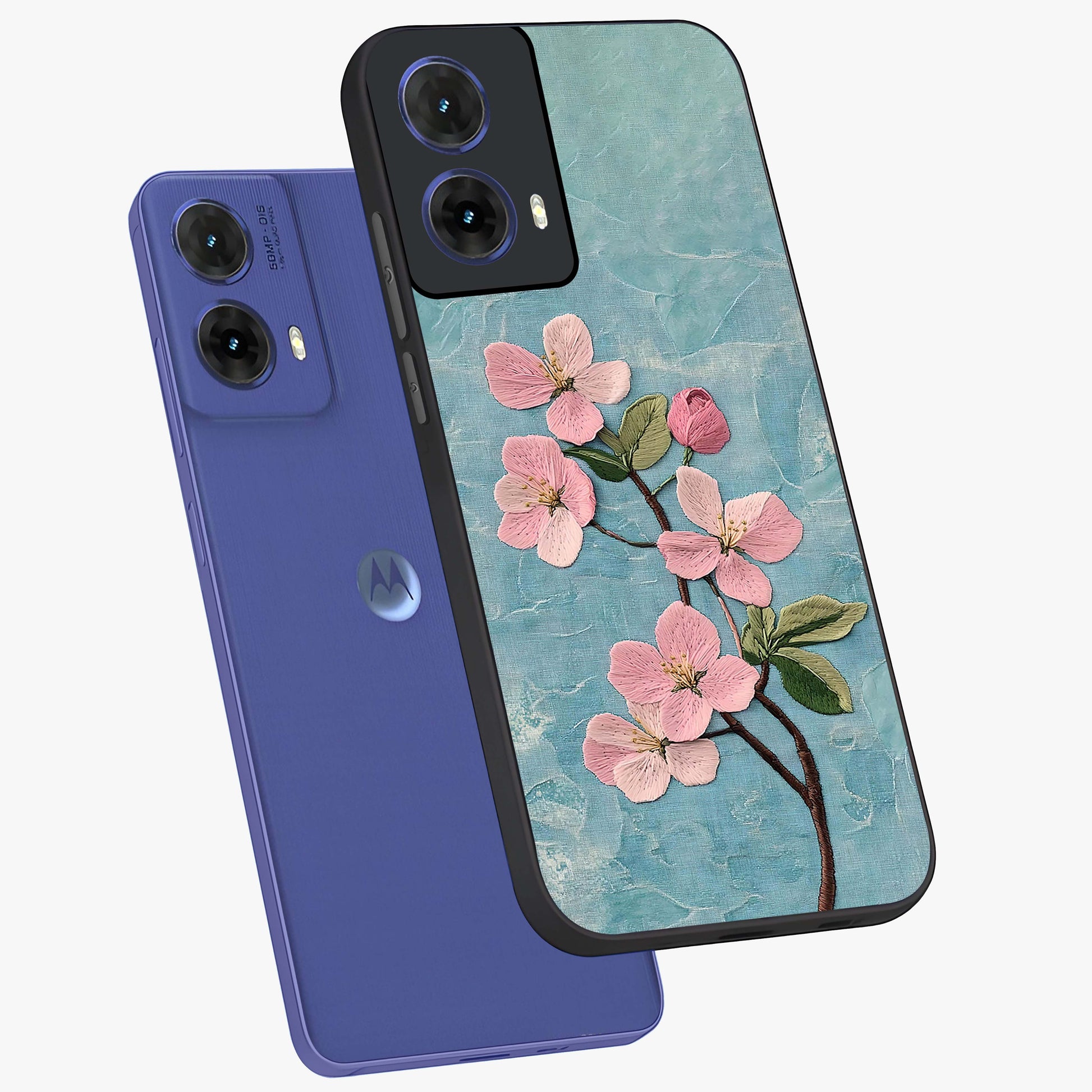 Threaded Blossom Breeze Glass Case displayed in angled mockup highlighting elegant floral design with soft aesthetic style.