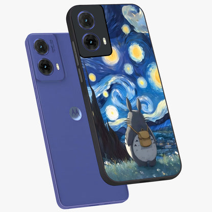 Totoro In Van Gogh Art Glass Case displayed in angled mockup highlighting artistic swirling sky design with playful animation aesthetic.