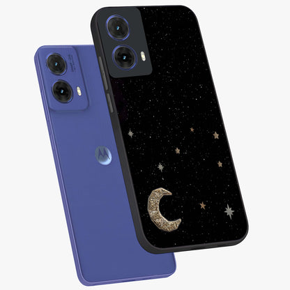 Twinkle Star With Half Moon Glass Case displayed in angled mockup highlighting celestial moon and star design with magical aesthetic.