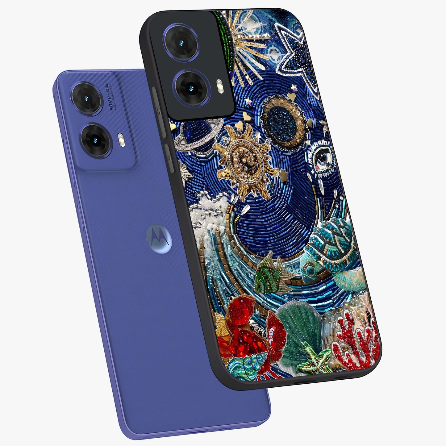 Universe Underwater Spark Glass Case displayed in angled mockup highlighting glowing aquatic design with celestial aesthetic.
