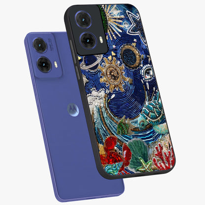 Universe Underwater Spark Glass Case displayed in angled mockup highlighting glowing aquatic design with celestial aesthetic.