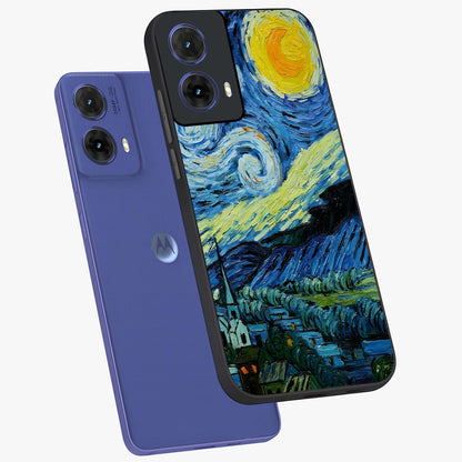 Van Gogh Art Glass Case displayed in angled mockup highlighting swirling brushstroke design with artistic aesthetic.