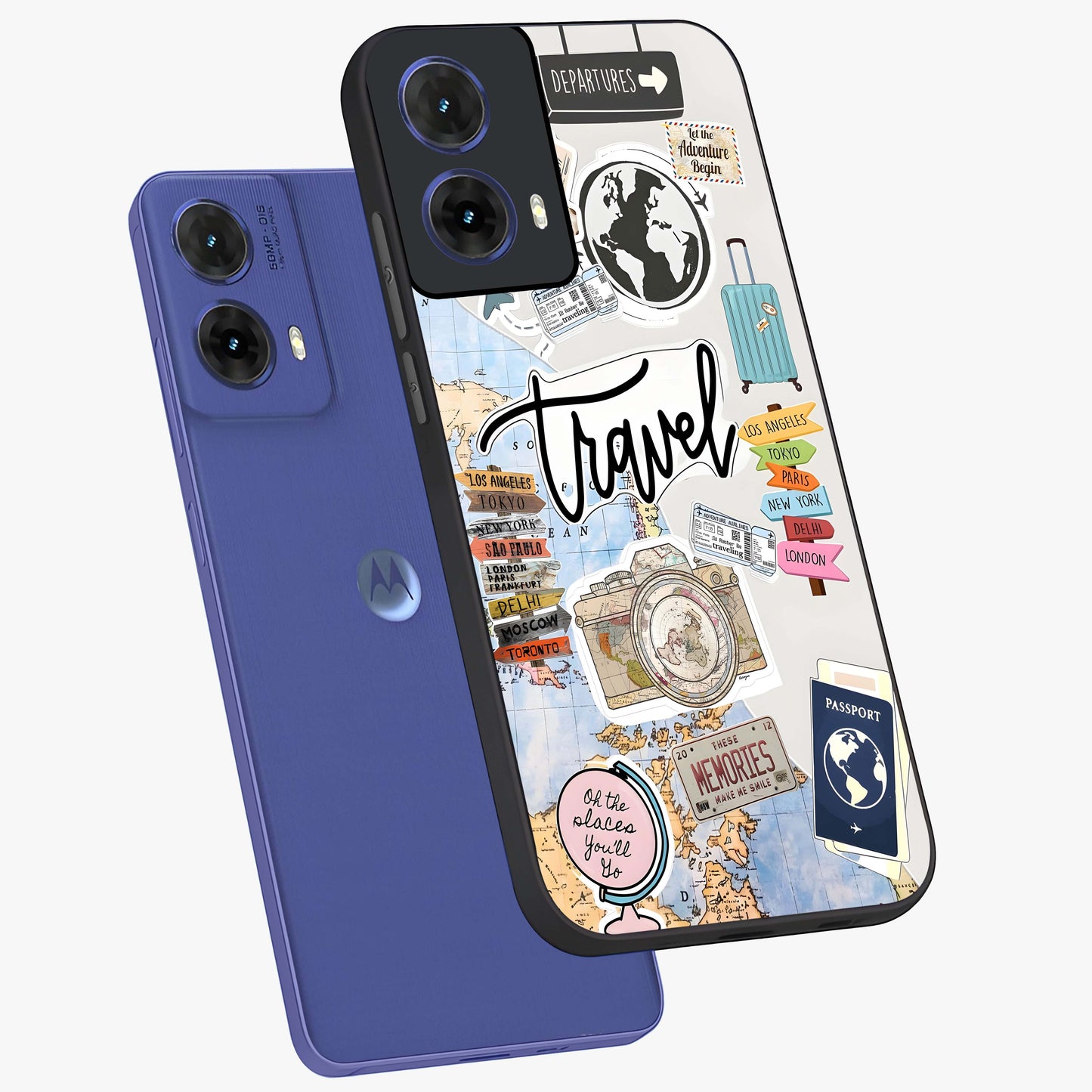 Wanderlust Journal Glass Case displayed in angled mockup highlighting adventure themed design with aesthetic travel vibe.