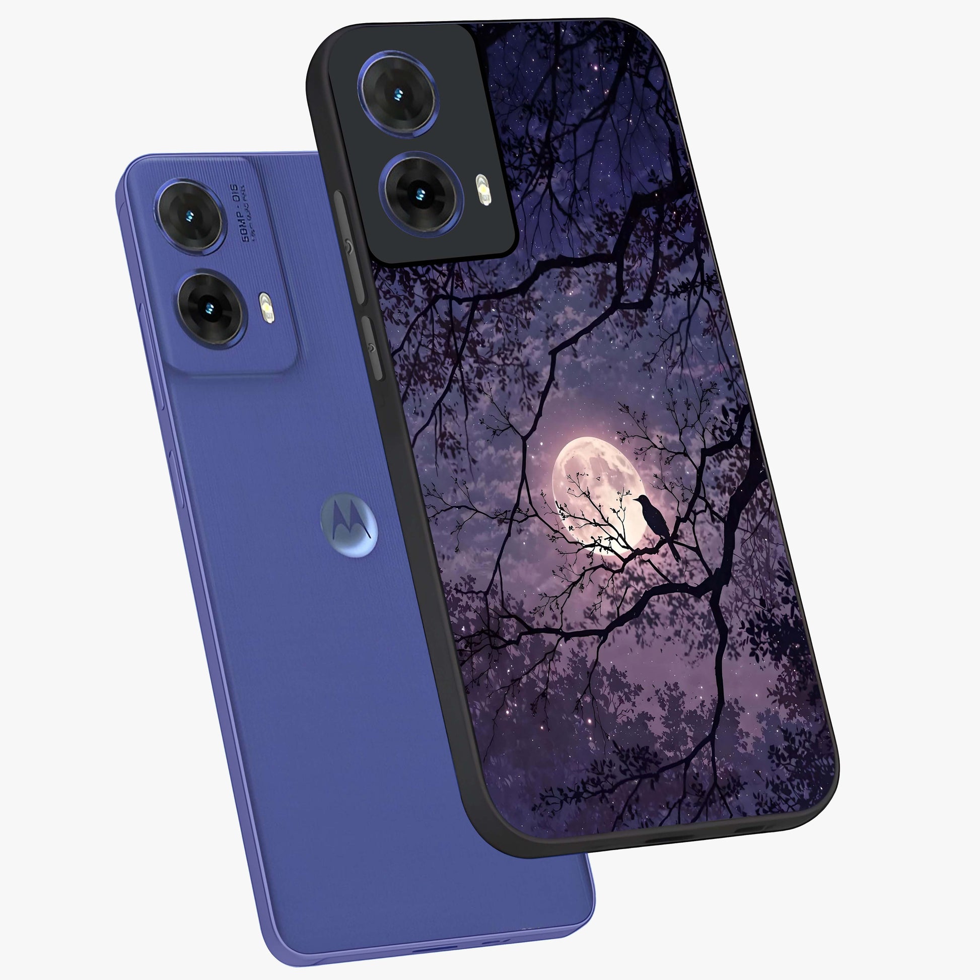 Whispering Moon Silence Glass Case displayed in angled mockup highlighting calm lunar design with dreamy night aesthetic.