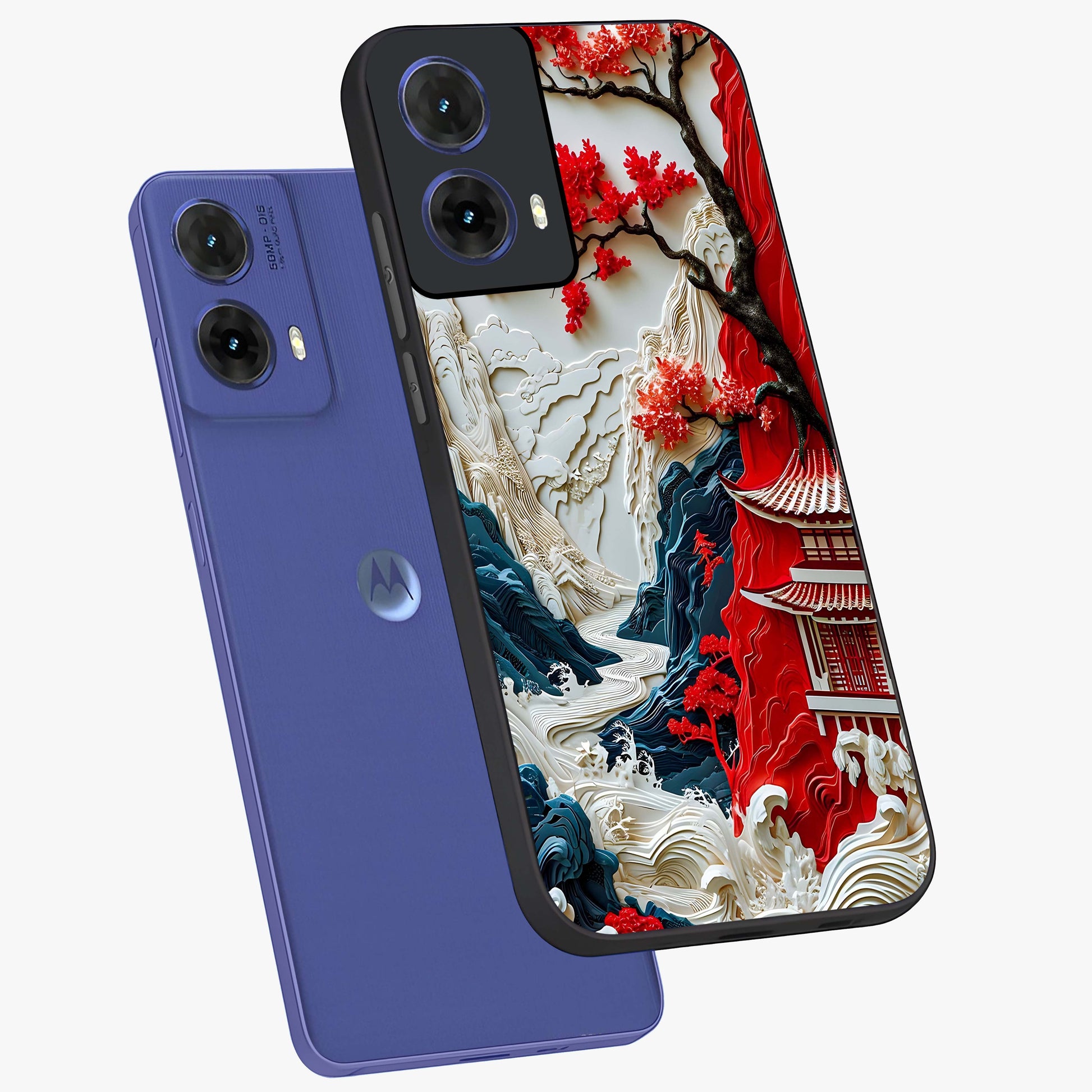 Whispers Of Sakura Waves Glass Case displayed in angled mockup highlighting flowing sakura design with soft floral aesthetic.