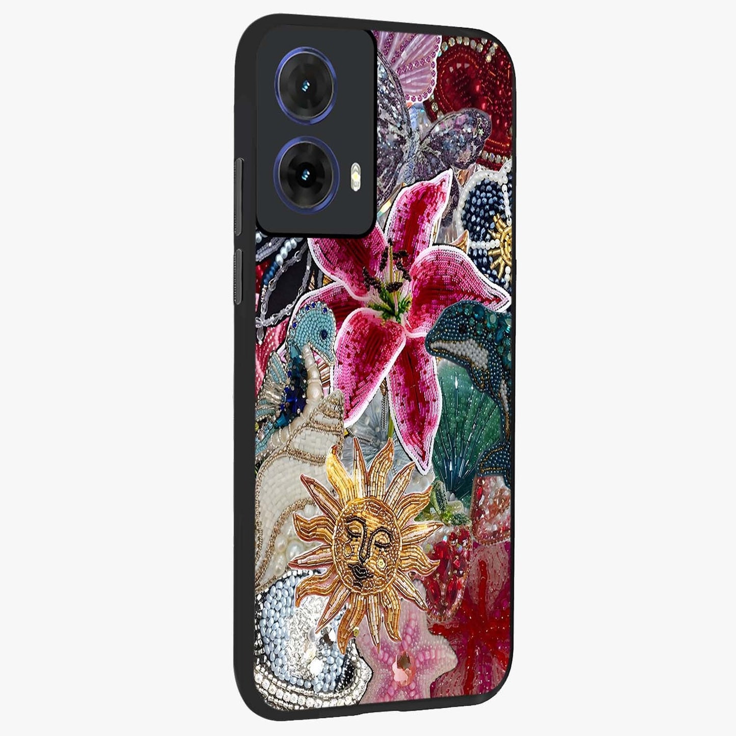 Beaded Garden Fantasy Glass Case upright view showcasing whimsical garden aesthetic with artistic bead details.