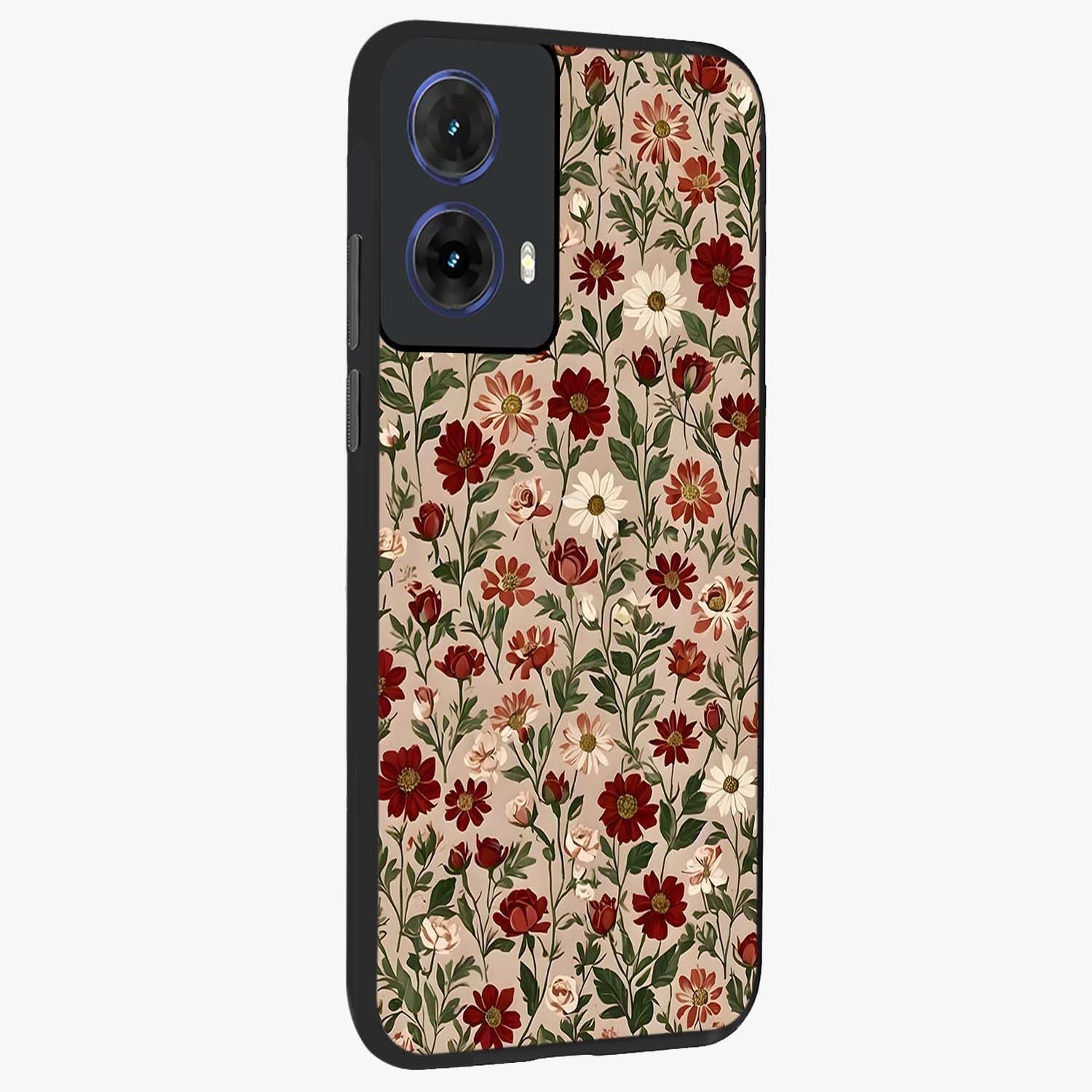 Biege Flower With Leaf Glass Case upright view showcasing delicate beige flower illustration with clean botanical style.