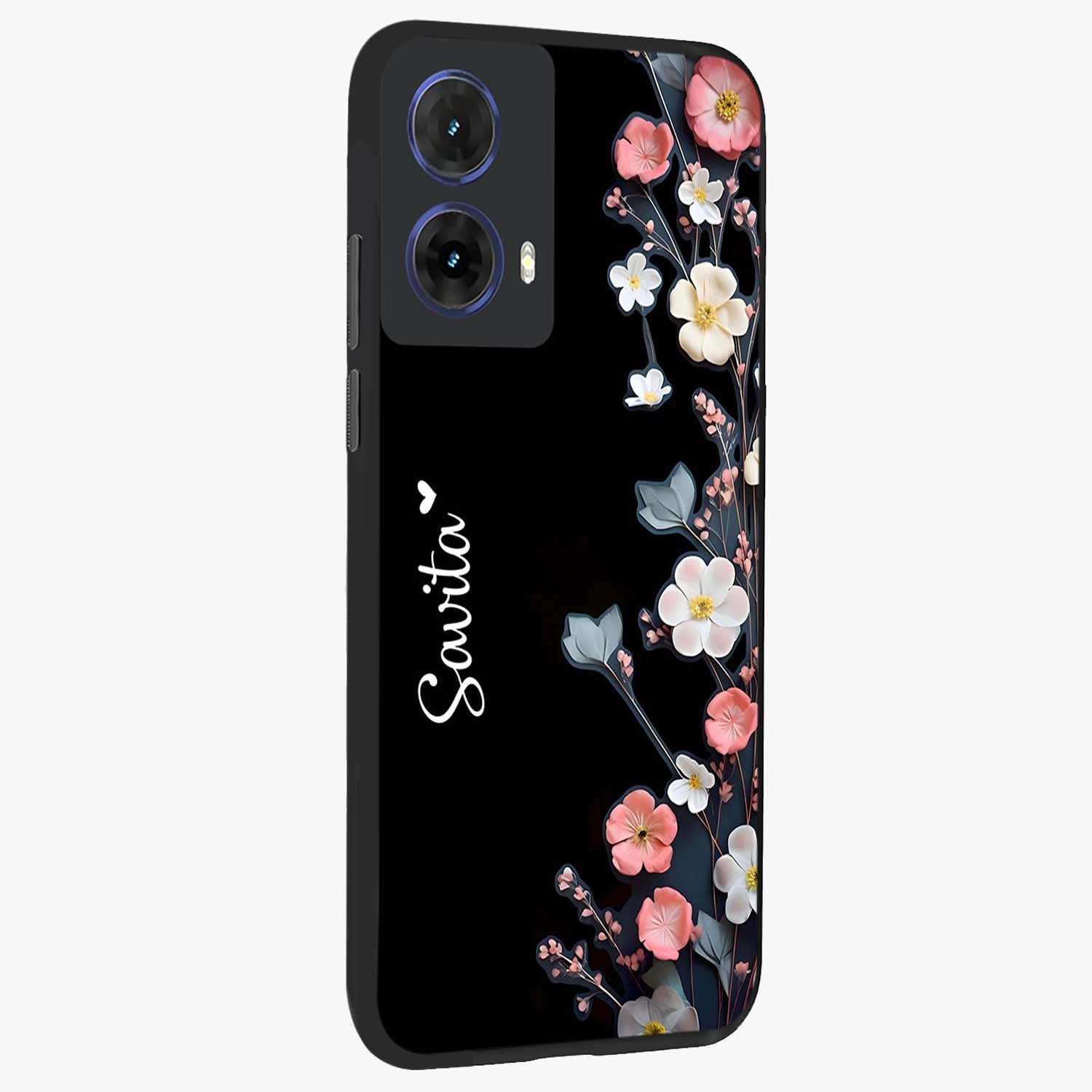 Black Elegance Floral Custom Name Glass Case upright view showcasing luxurious black floral design with personalized name detail.