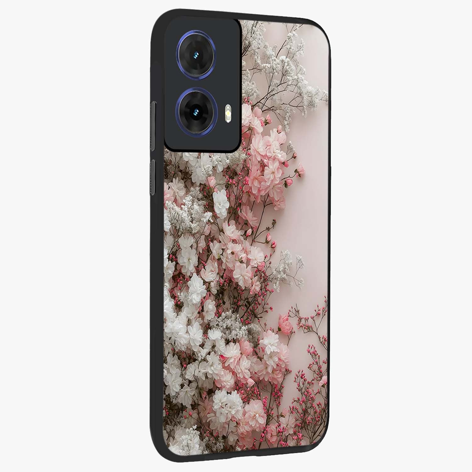 Blush Blossom Cloud Glass Case upright view showcasing calm floral cloud artwork with gentle dreamy theme.