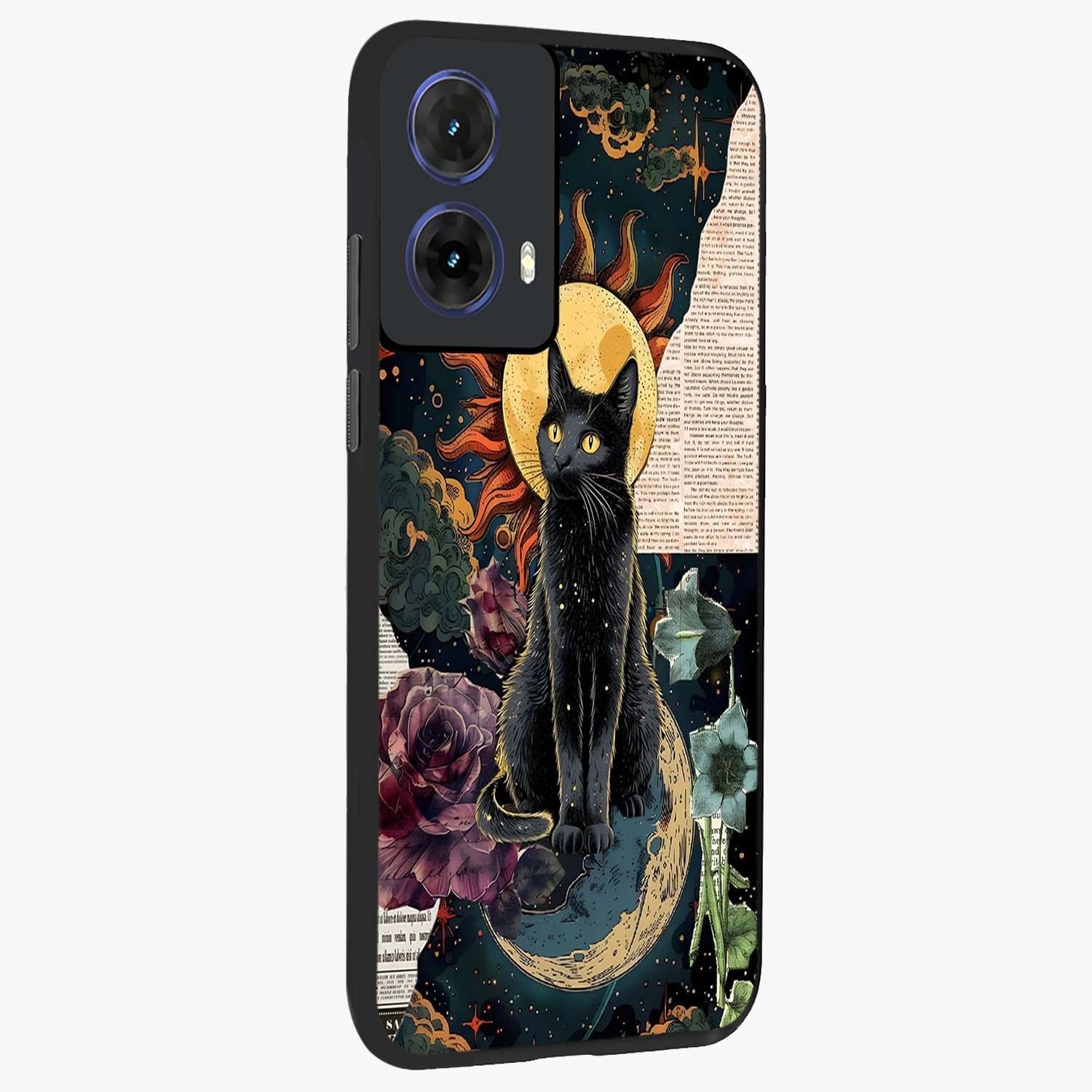 Celestial Black Cat Glass Case upright view showcasing magical black cat illustration with starry cosmic theme.