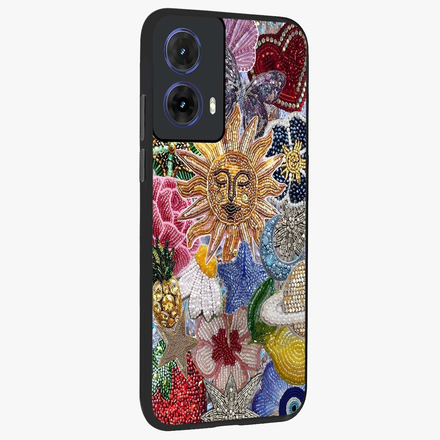Celestial Floral and Playful Glass Case upright view showcasing whimsical floral artwork with cosmic aesthetic theme.