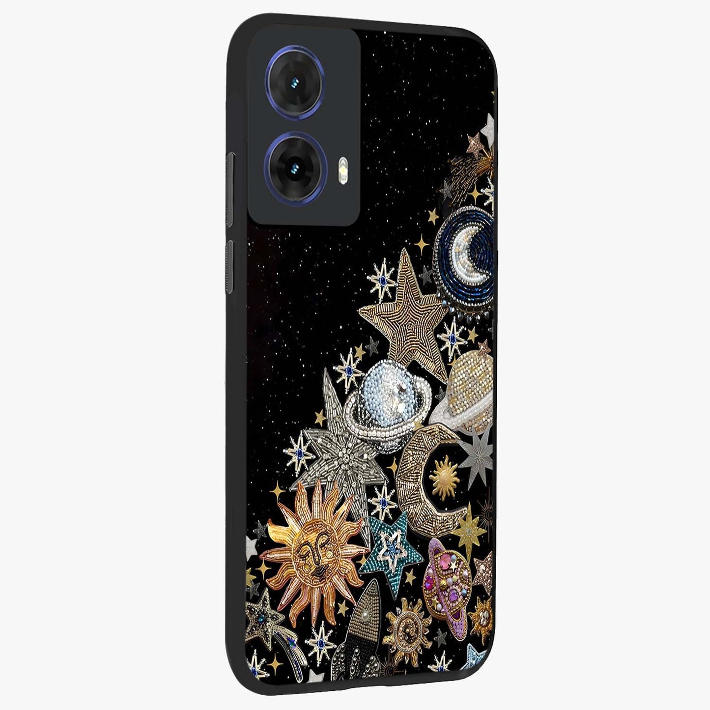 Cosmic Sparkle Dreams Glass Case upright view showcasing glowing cosmic artwork with magical galaxy theme.