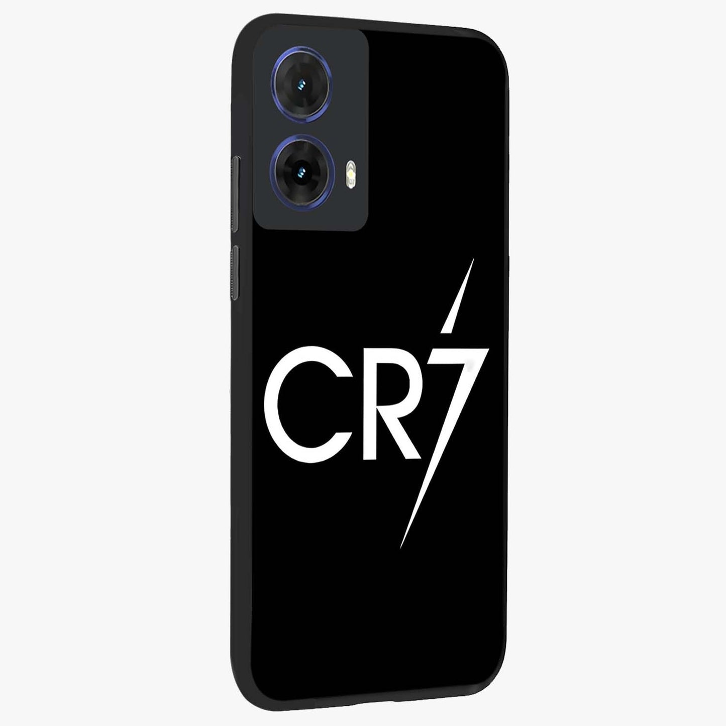 Cr7 Elite Strike Glass Case upright view showcasing energetic football inspired design with modern sports aesthetic.