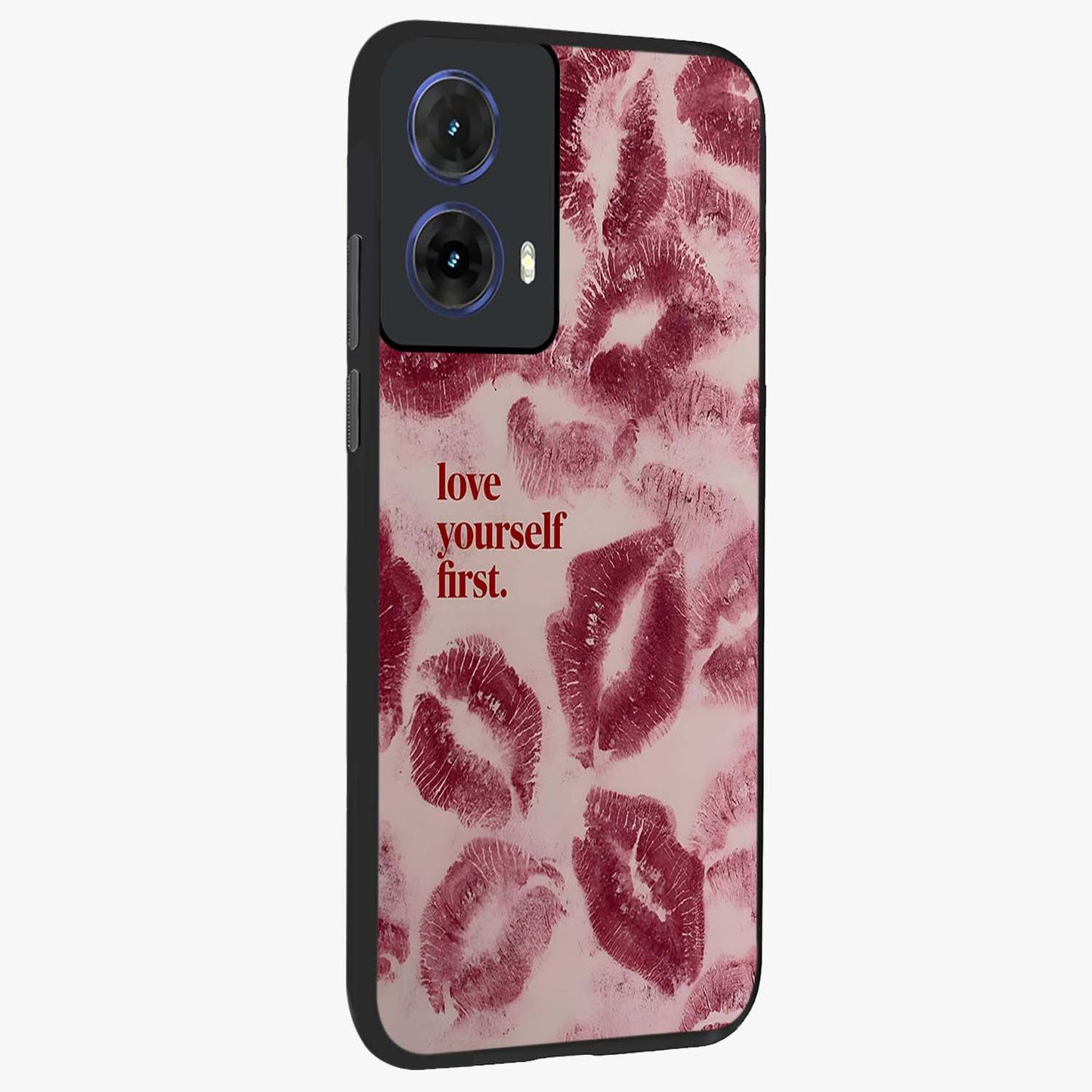 Crimson Kiss Love Glass Case upright view showcasing expressive romantic artwork with deep crimson theme.