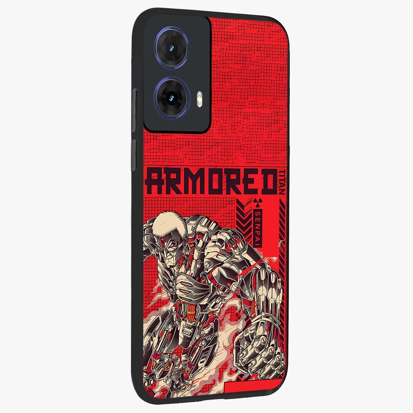 Crimson Mecha Titan Glass Case upright view showcasing dynamic robotic titan design with sci-fi inspired theme.